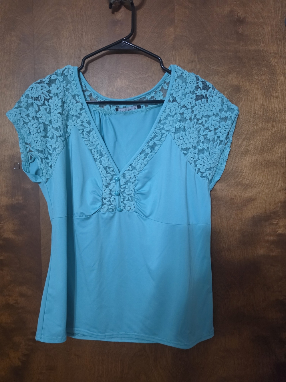 YOINS Teal Lace Cap Sleeve V-Neck Top